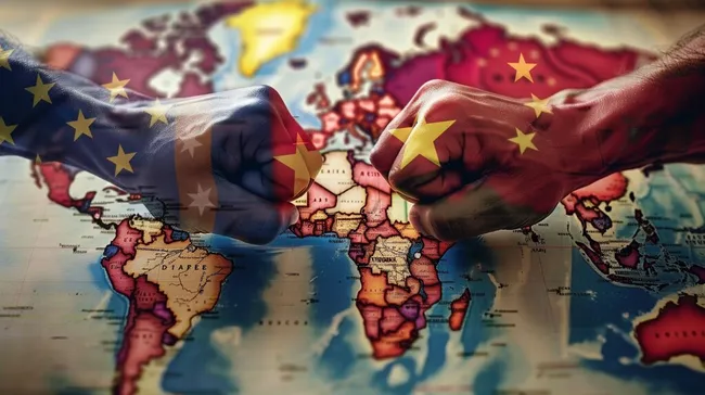 Symbolfäuste über Weltkarte - Globale Rivalität zwischen Europa und China