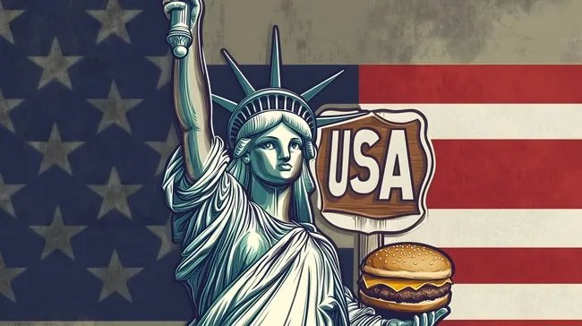 Symbolische Darstellung der USA mit Freiheitsstatue und Burger