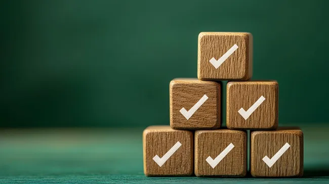 Symbolische Holzwürfel mit Haken für positive Entscheidungen