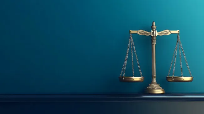 Symbolische Justitia-Waage vor dunkelbauem Hintergrund