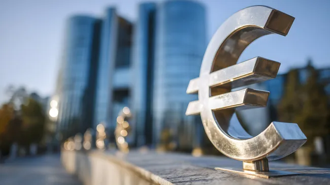 Symbolisches Euro-Zeichen vor Hochhäusern