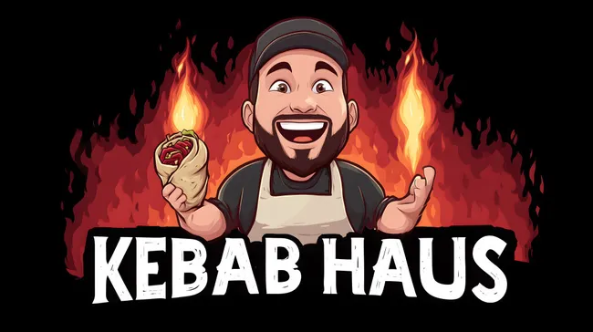 Sympathischer Döner-Koch mit Feuerglut-Hintergrund