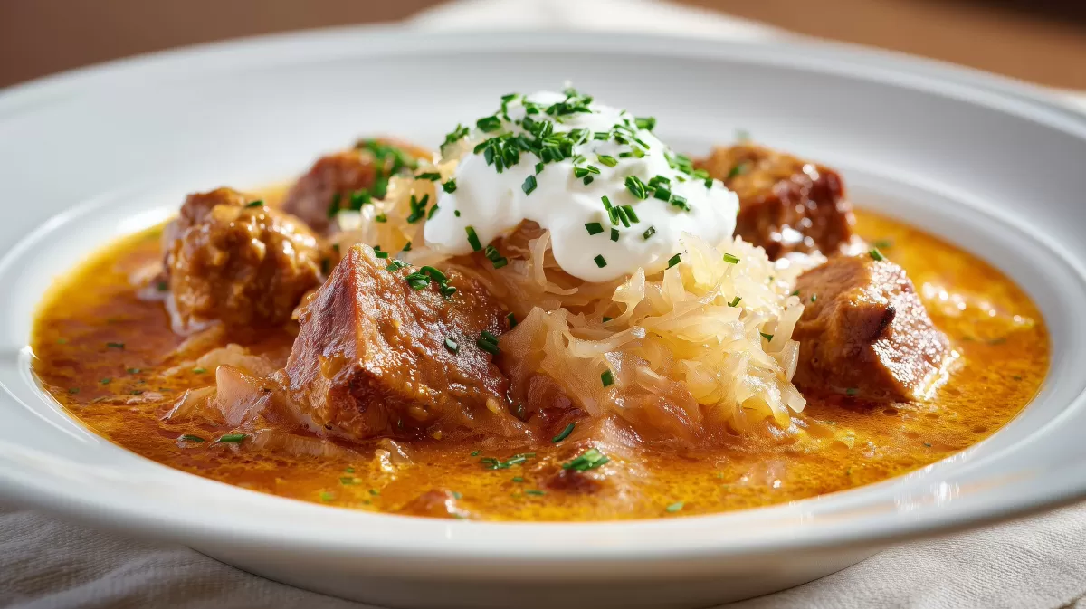 Szegediner Gulasch mit Sauerkraut und Sauerrahm