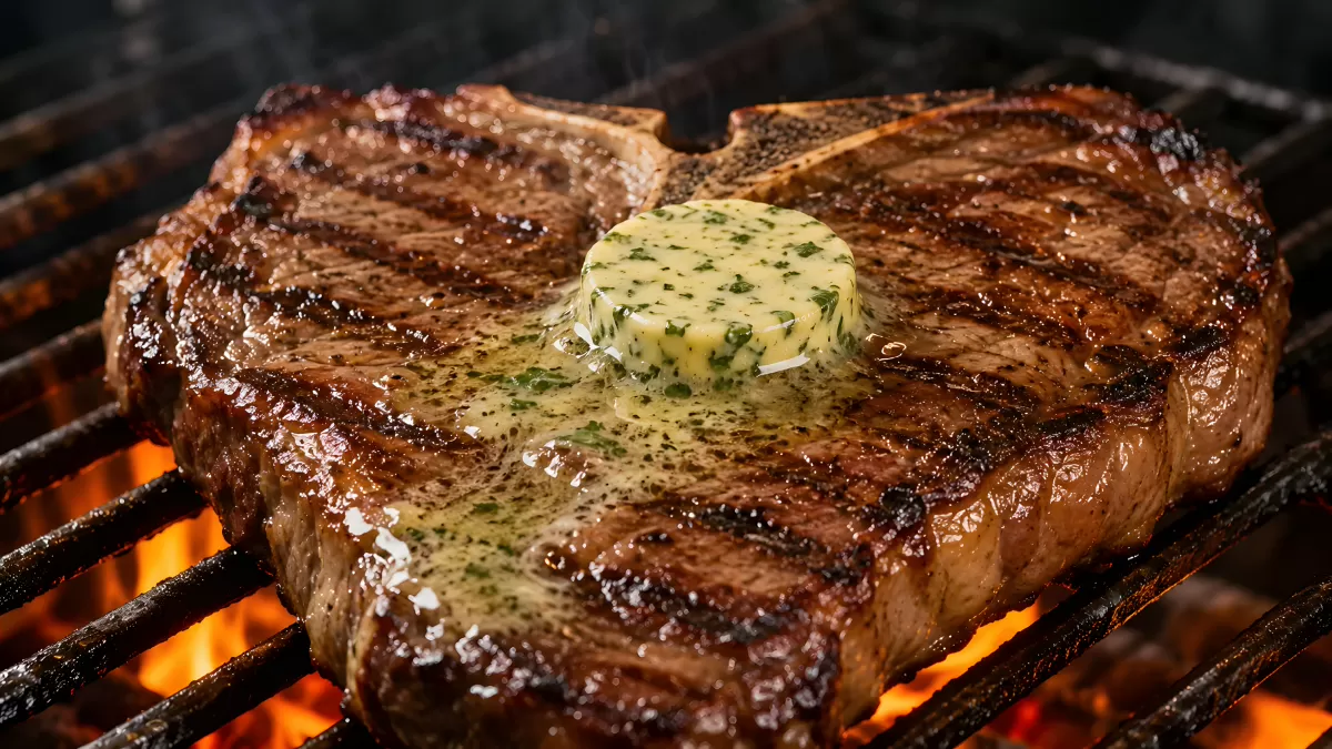 T-Bone-Steak mit Kräuterbutter auf dem Grill