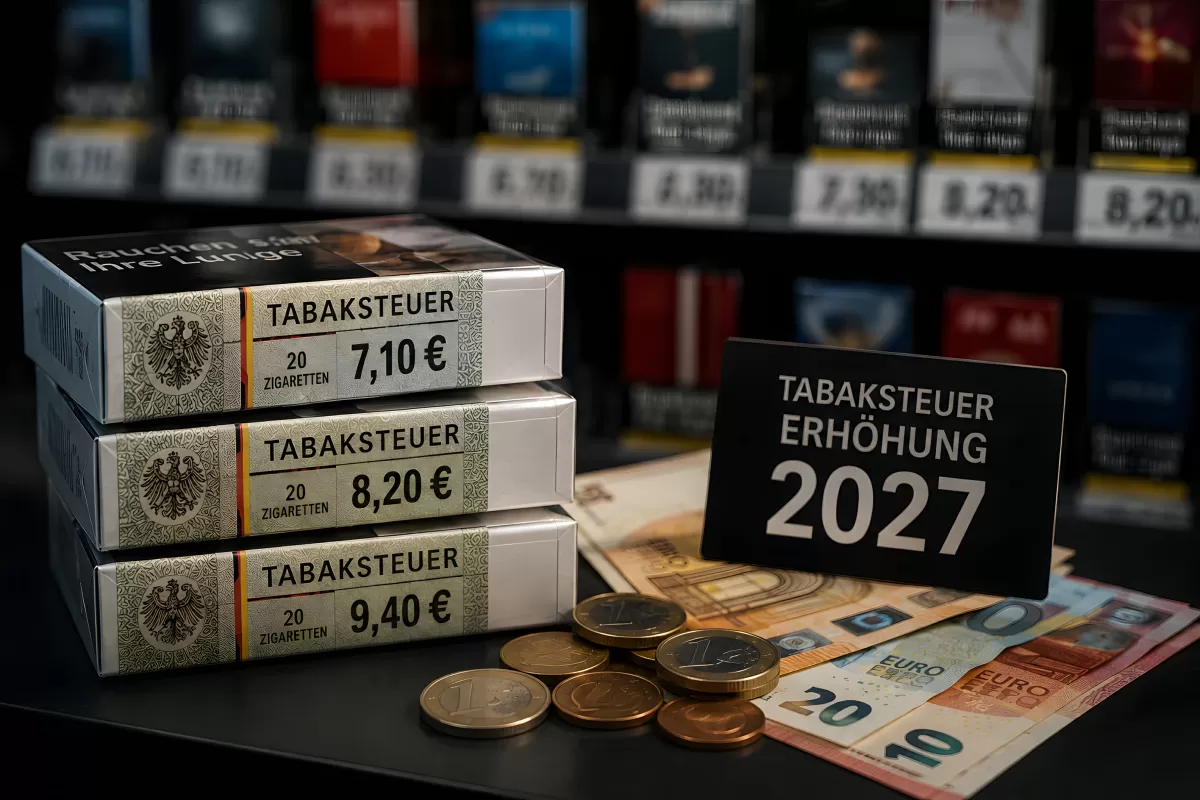 Tabaksteuererhöhung 2027 mit Zigarettenschachteln und Euro