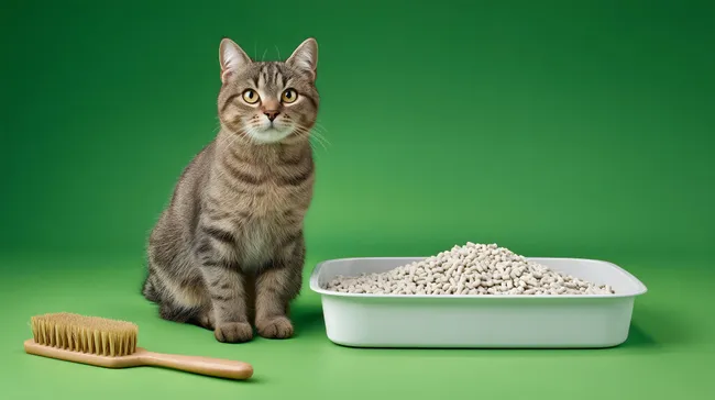 Tabby Katze sitzt neben Katzenklo und Bürste