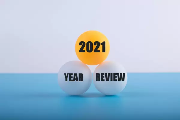 Table tennis balls with 2021 Year review text