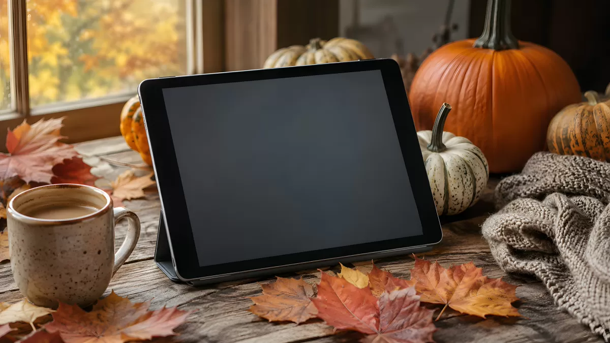 Tablet auf Holztisch mit Kürbissen im Herbst