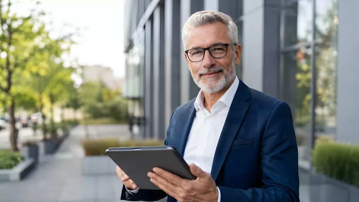 Tablet-Geschäftsmann vor modernem Bürogebäude