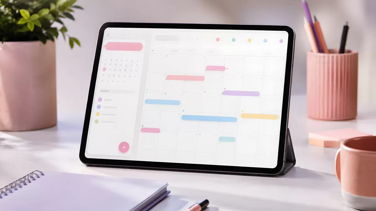 Tablet mit buntem Kalender auf aufgeräumtem Schreibtisch