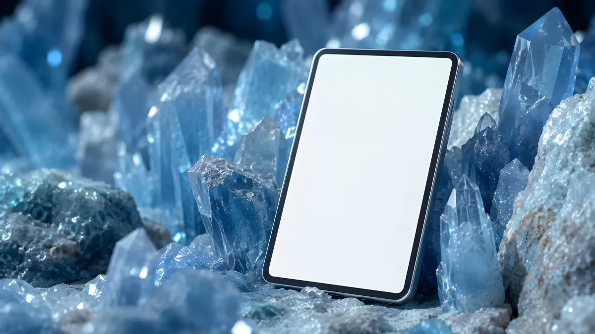 Tablet mit leerem Bildschirm zwischen blauen Kristallen