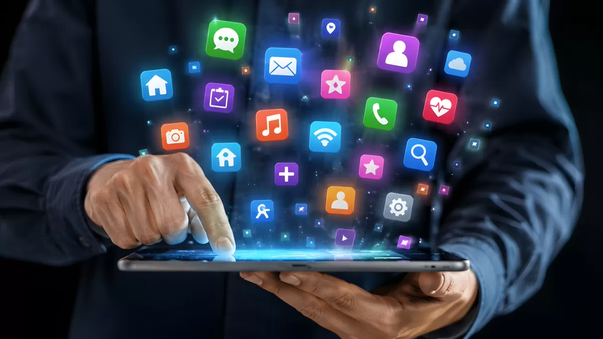 Tablet mit schwebenden App-Icons in leuchtenden Farben