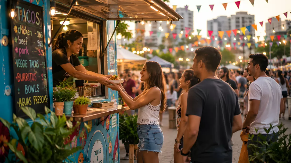 Taco-Stand auf einem bunten Straßenfest bei Abenddämmerung