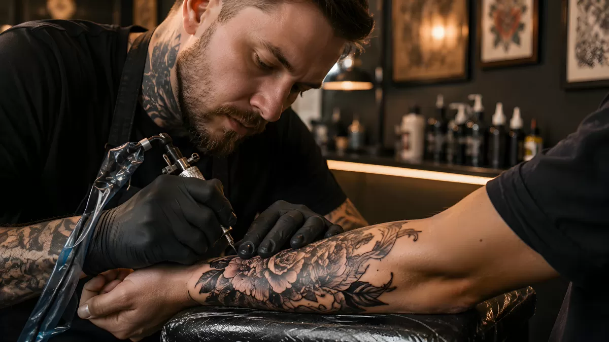Tätowierer arbeitet an floralem Unterarm-Tattoo