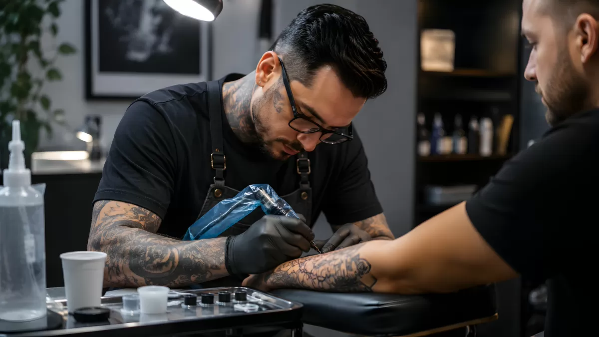 Tätowierer arbeitet konzentriert an Arm-Tattoo im Studio