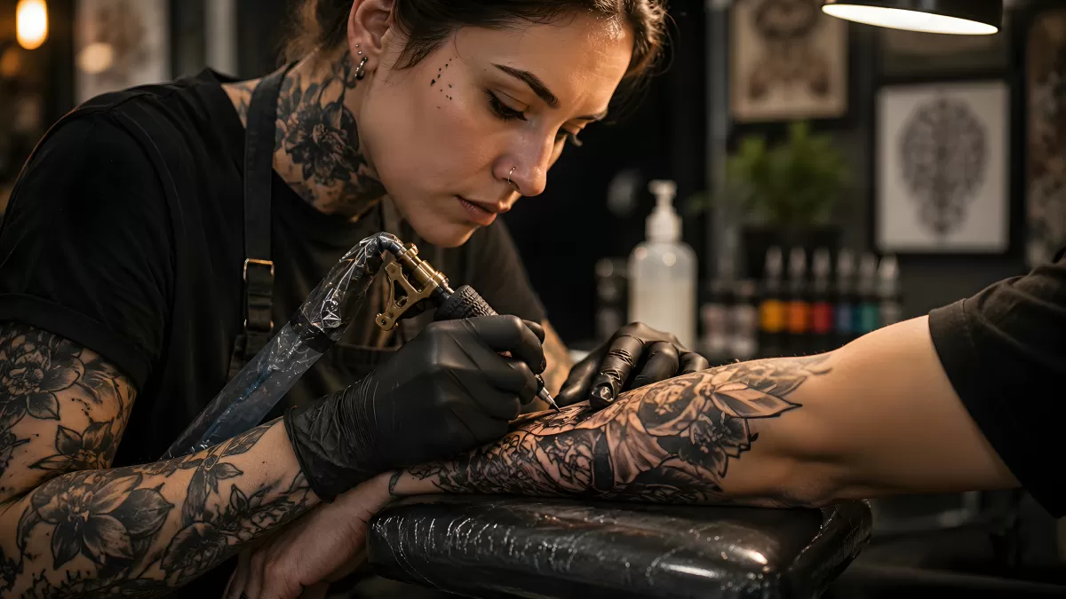 Tätowiererin arbeitet konzentriert an floralem Arm-Tattoo