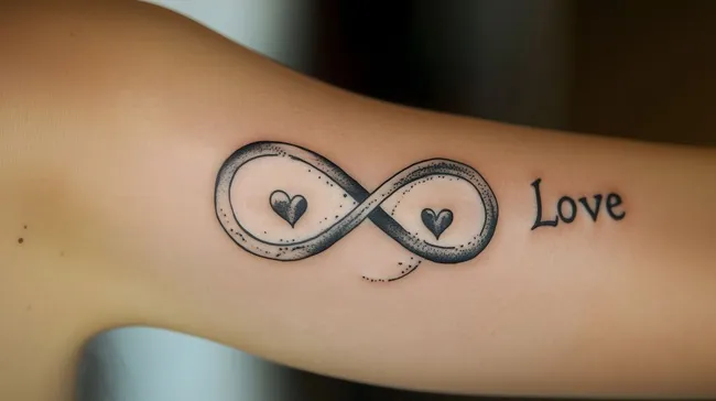 Tätowierte Haut mit Infinity-Zeichen und Liebes-Schriftzug