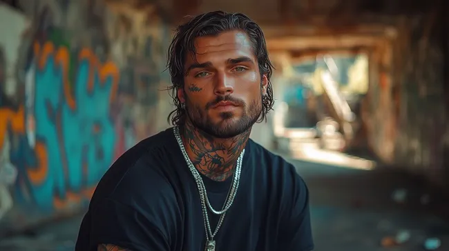 Tätowierter Mann mit Kapuze vor Graffitiwand