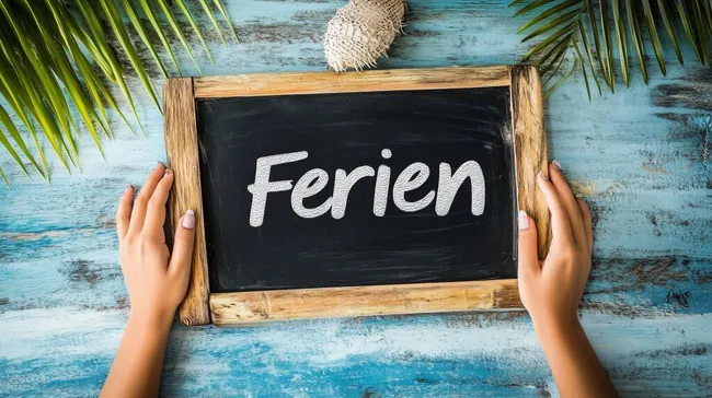 Tafel am Strand mit Ferien-Schriftzug