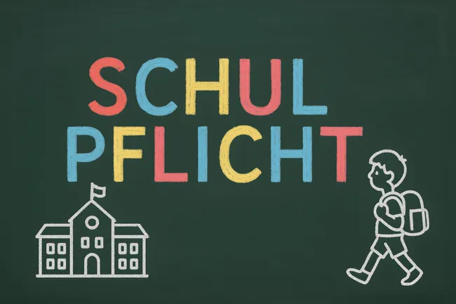 Tafel-Illustration mit der Aufschrift 'Schulpflicht'