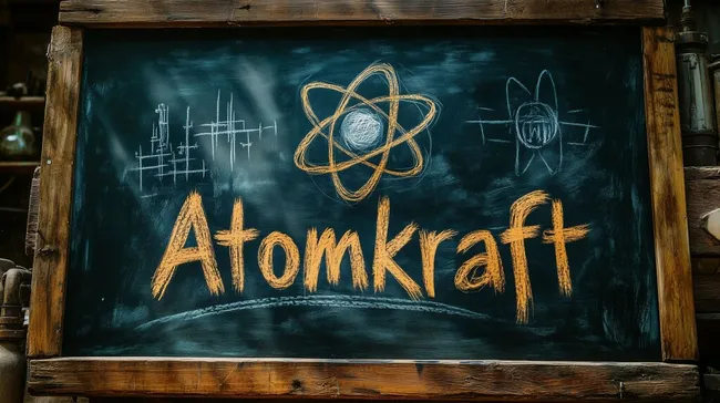 Tafel mit Atomkraft-Schriftzug und Atom-Symbolen