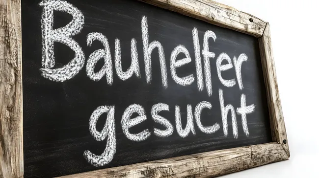 Tafel mit Aufschrift 'Bauhelfer gesucht' in rustikalem Holzrahmen