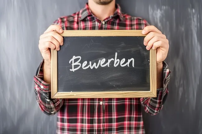 Tafel mit Aufschrift 'Bewerben' in Holzrahmen