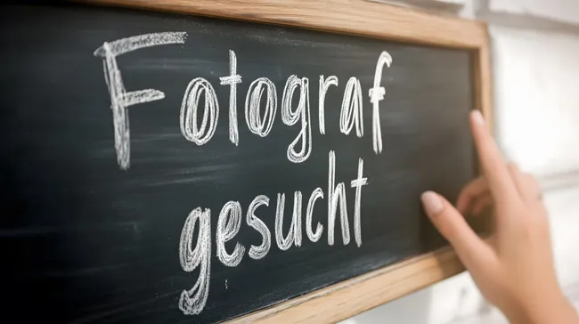 Tafel mit Aufschrift 'Fotograf gesucht' für Stockfoto-Plattform