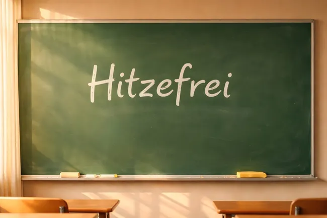 Tafel mit Aufschrift 'Hitzefrei' im leeren Klassenzimmer