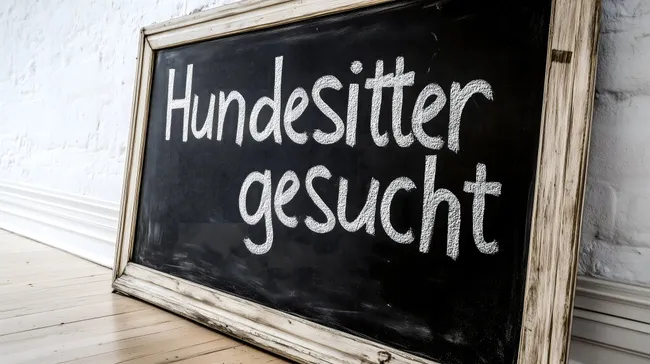 Tafel mit Aufschrift 'Hundesitter gesucht' in Holzrahmen
