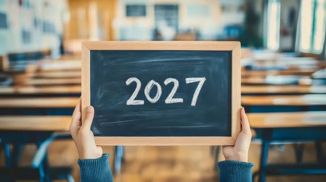 Tafel mit Aufschrift 'Jahr 2027' im Klassenzimmer