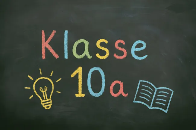 Tafel mit Aufschrift 'Klasse 10a' und Symbolen
