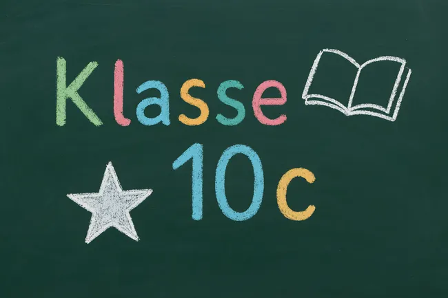 Tafel mit Aufschrift 'Klasse 10c' und Symbolen