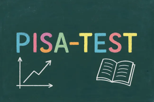 Tafel mit Aufschrift 'Pisa-Test' und Symbolen