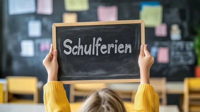 Tafel mit Aufschrift 'Schulferien' im Klassenzimmer