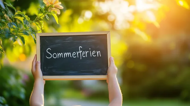 Tafel mit Aufschrift 'Sommerferien' im Freien