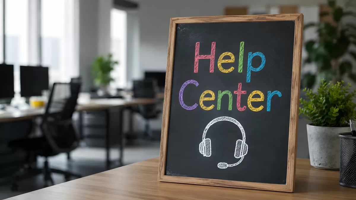 Tafel mit bunter Help Center Aufschrift im Büro
