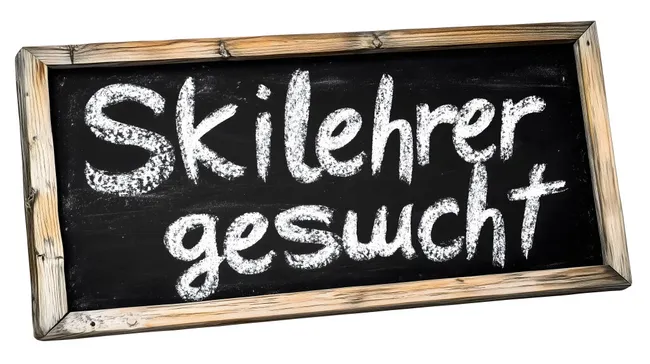 Tafel mit der Aufschrift 'Skilehrer gesucht'