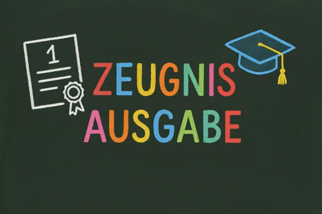 Tafel mit farbiger Aufschrift zur Zeugnisausgabe