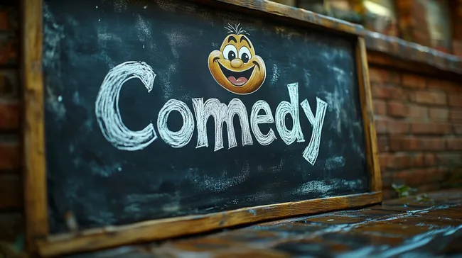 Tafel mit fröhlichem Comic-Smiley für Comedy-Veranstaltungen