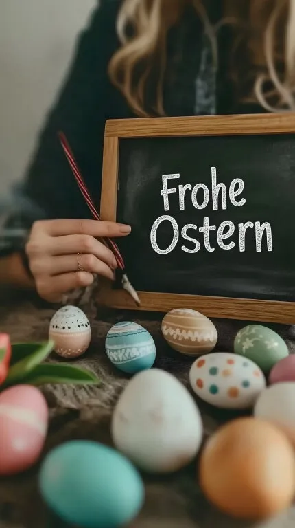 Tafel mit Frohe Ostern-Beschriftung und bemalten Ostereiern