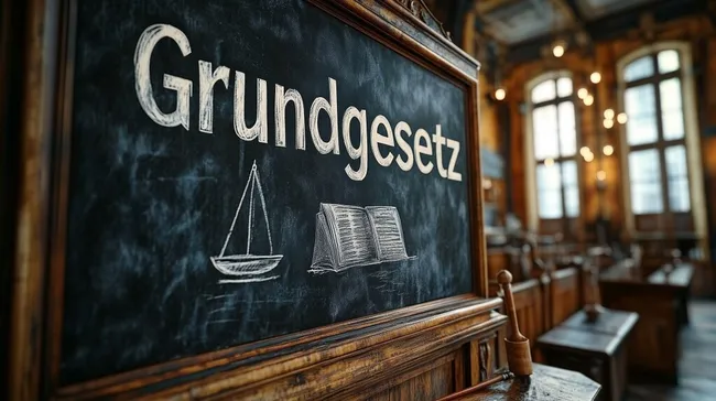 Tafel mit Grundgesetz in hölzernem Gerichtssaal