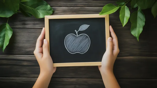Tafel mit handgezeichnetem Apfelbild auf Holztisch