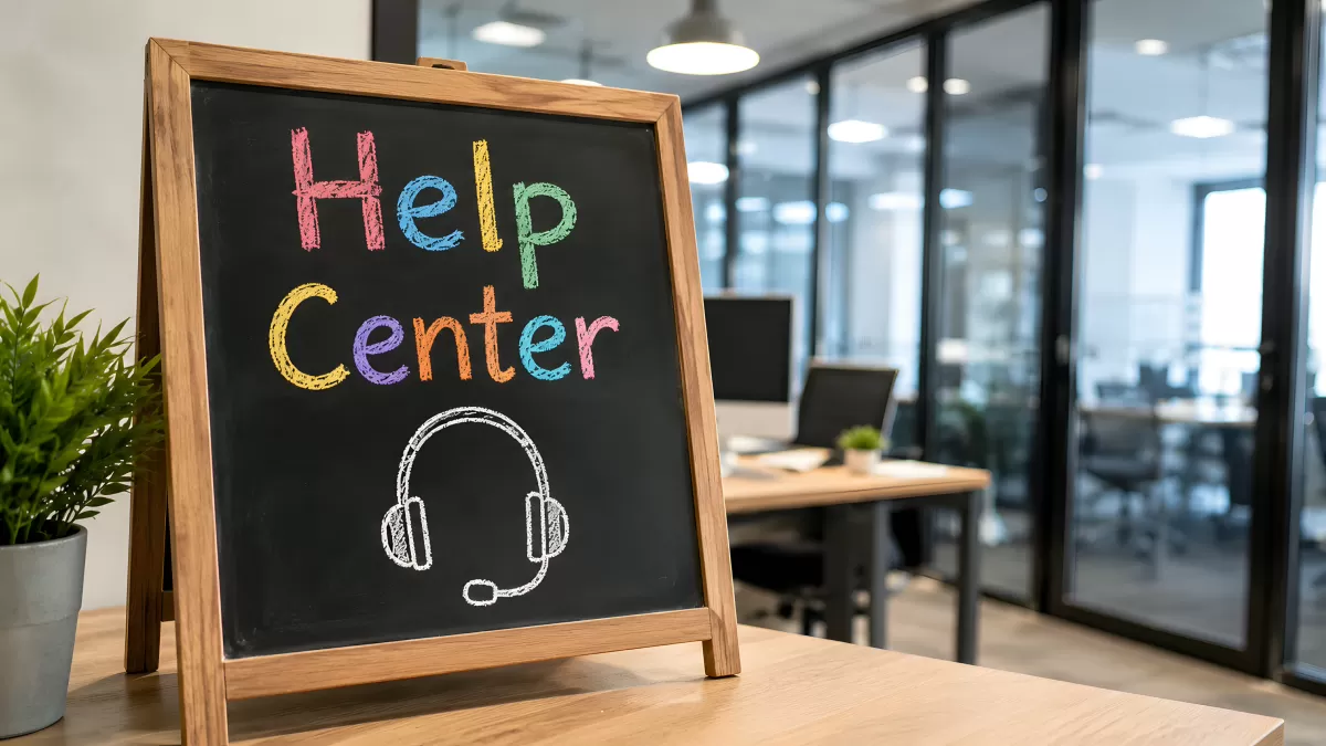 Tafel mit Help Center Schriftzug im modernen Büro