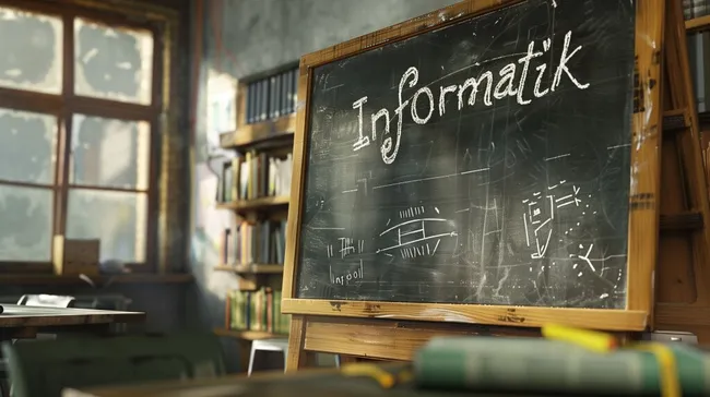 Tafel mit Informatik-Symbolen in altem Klassenzimmer