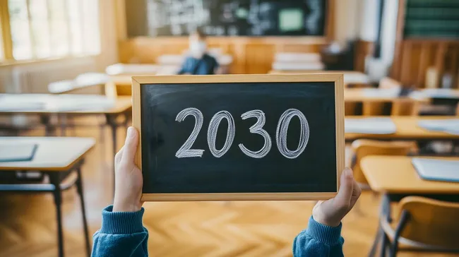 Tafel mit Jahreszahl 2030 im Klassenzimmer