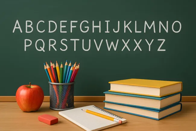 Tafel mit Schulbedarf und Obst - kostenfreies Schulstock-Foto