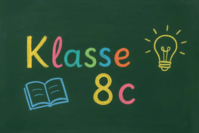 Tafel mit Schullogo und Glühbirne für Klasse 8c