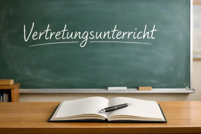 Tafel mit Vertretungsunterricht in Klassenraum