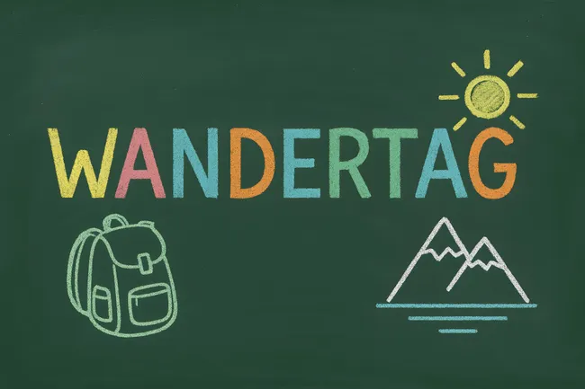 Tafel mit Wandertag-Motiven - Rucksack, Berge, Sonne